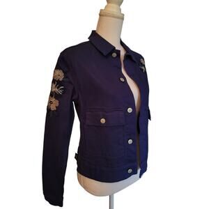 LuLaRoe Womens S Kenny Jacket Embroidered Flowers Collared Button Casual Blue